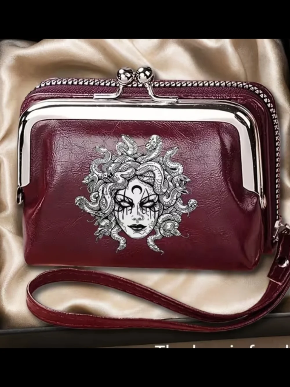Medusa-Emblem Burgundy Women's Crossbody Wristlet Wallet